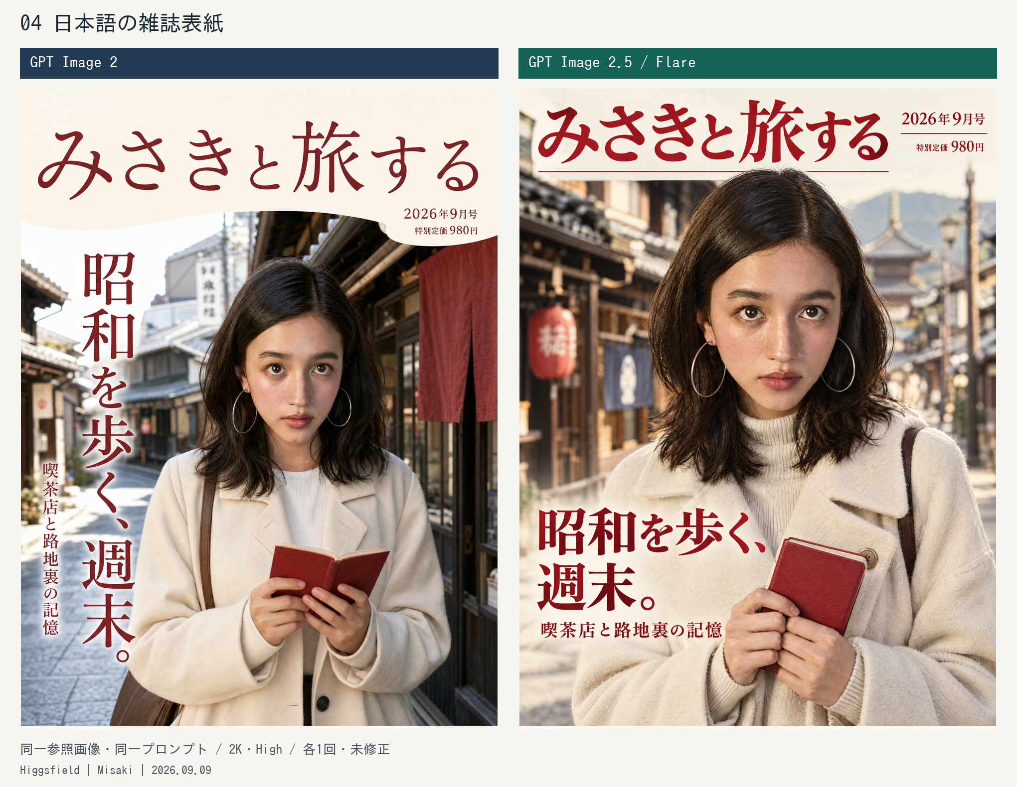 日本語表紙比較:左GPT Image 2、右GPT Image 2.5 Flare