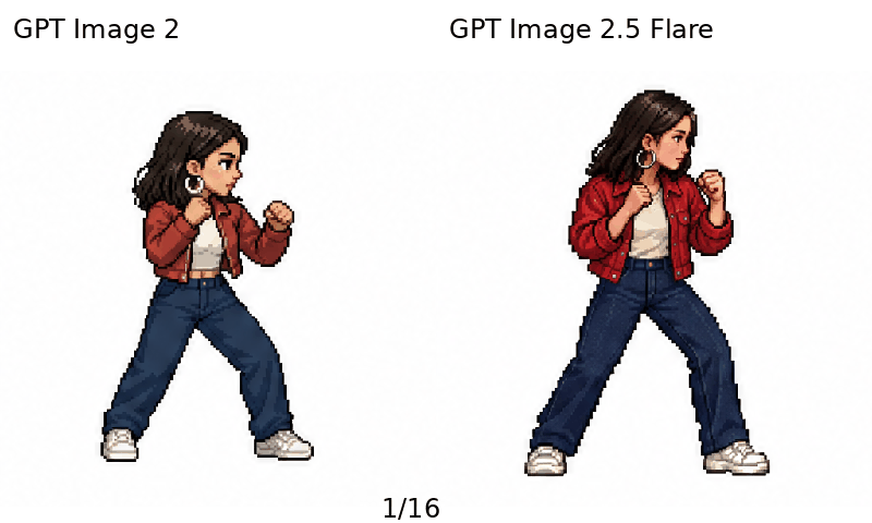 左がGPT Image 2、右が2.5 FlareのMisaki。16コマのパンチ動作を比較